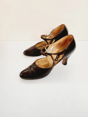 1920s Brown Leather Shoes Mary Janes High Heel Flapper Shoes