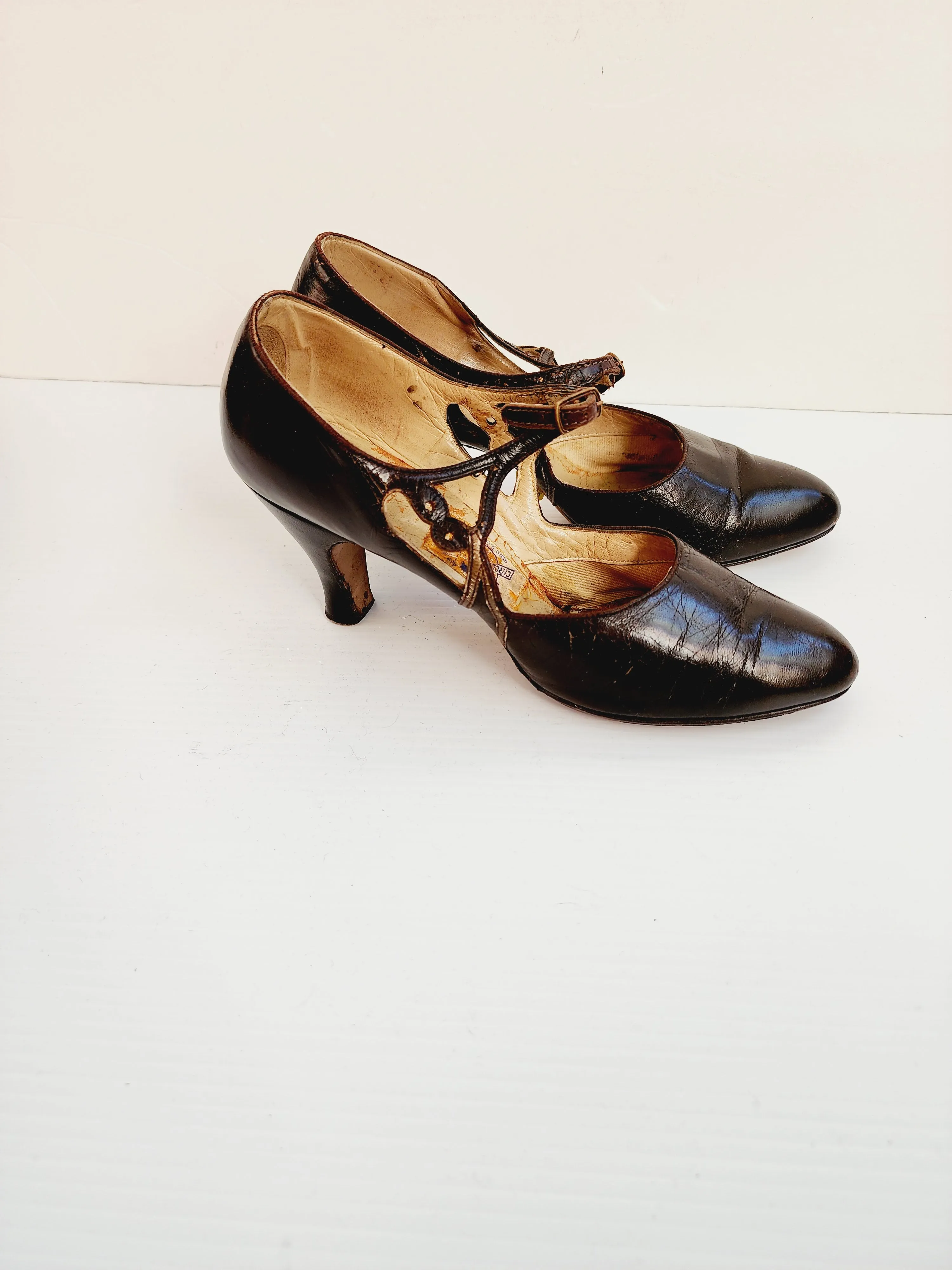 1920s Brown Leather Shoes Mary Janes High Heel Flapper Shoes