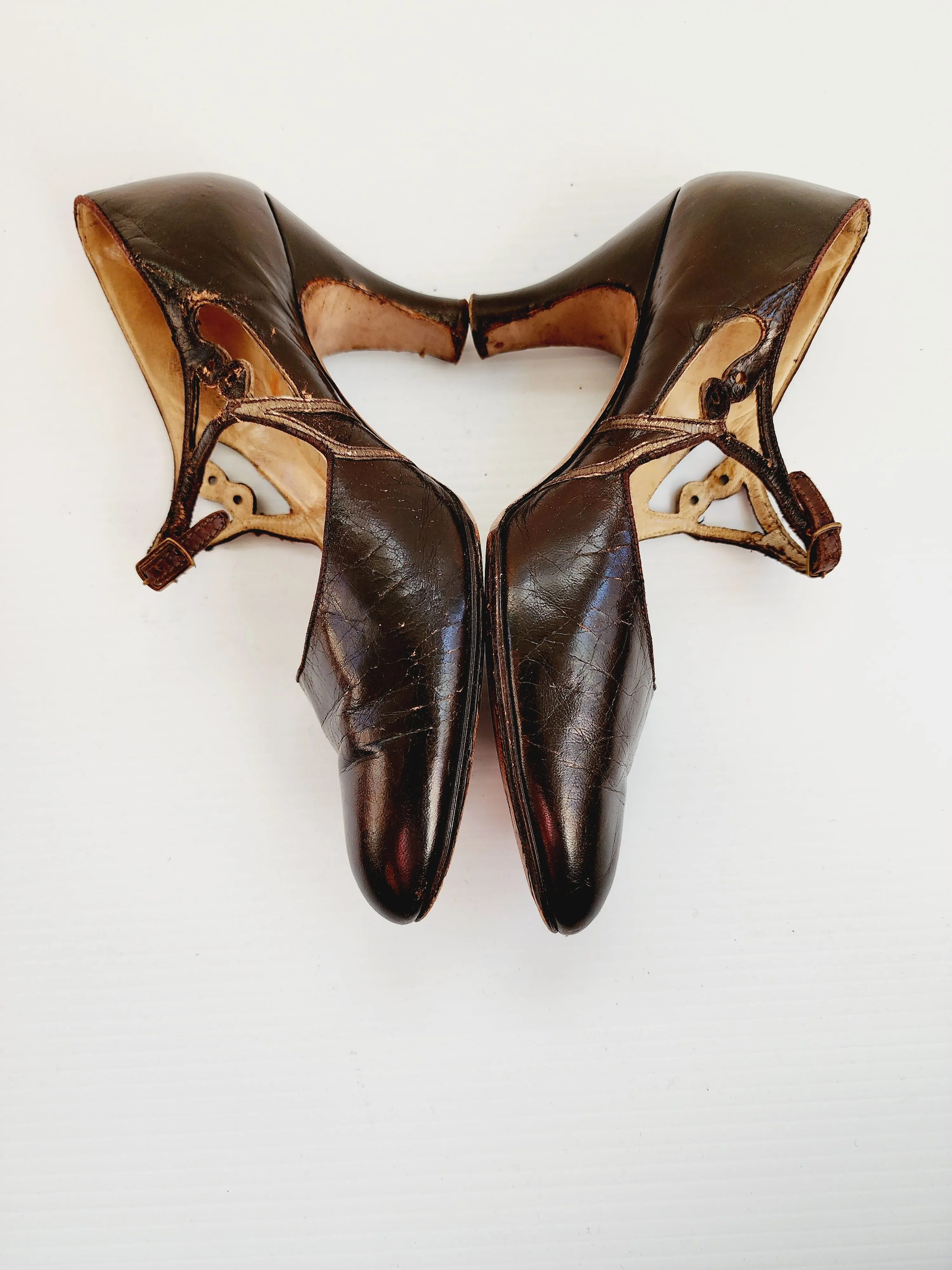 1920s Brown Leather Shoes Mary Janes High Heel Flapper Shoes