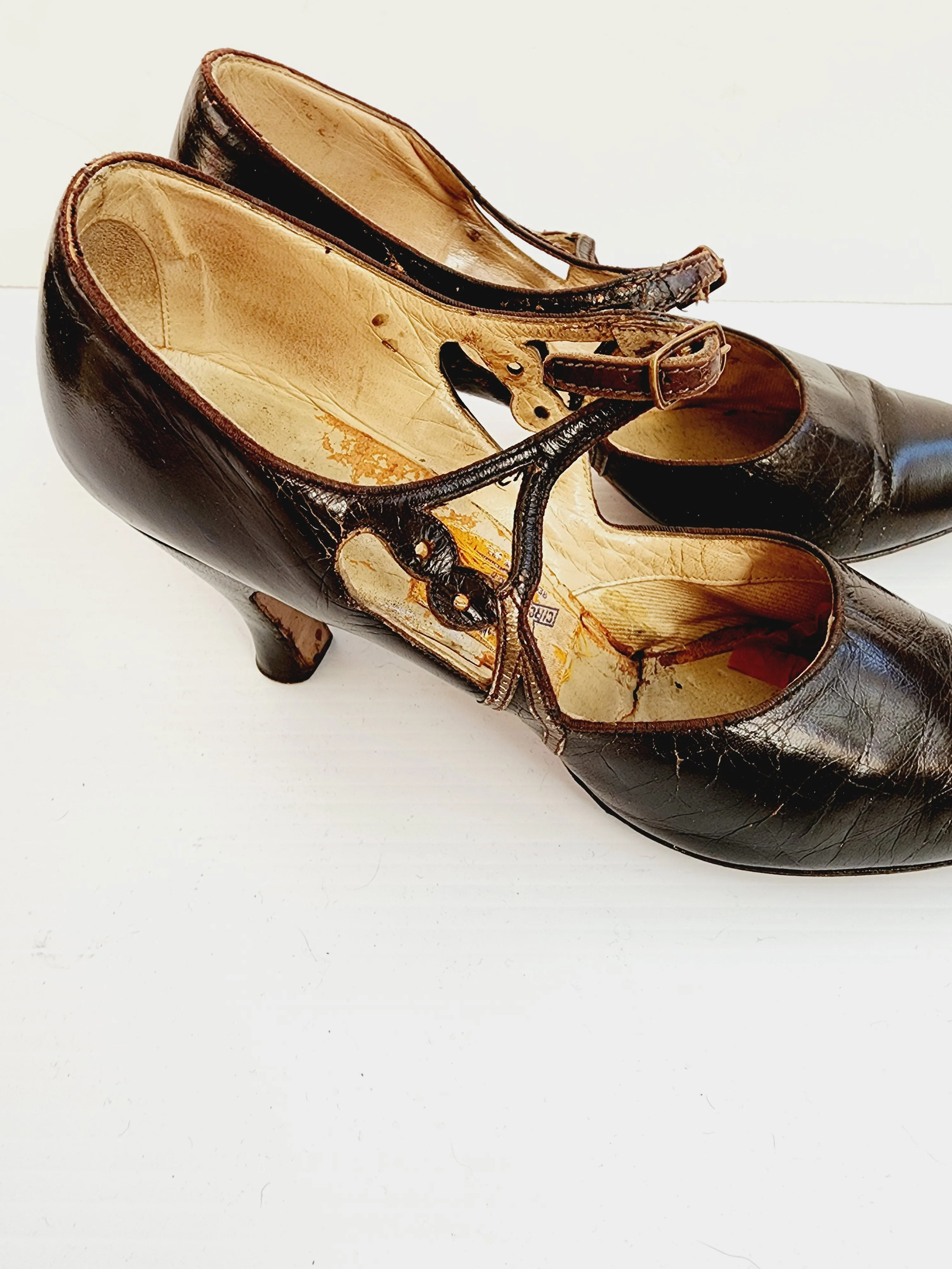 1920s Brown Leather Shoes Mary Janes High Heel Flapper Shoes