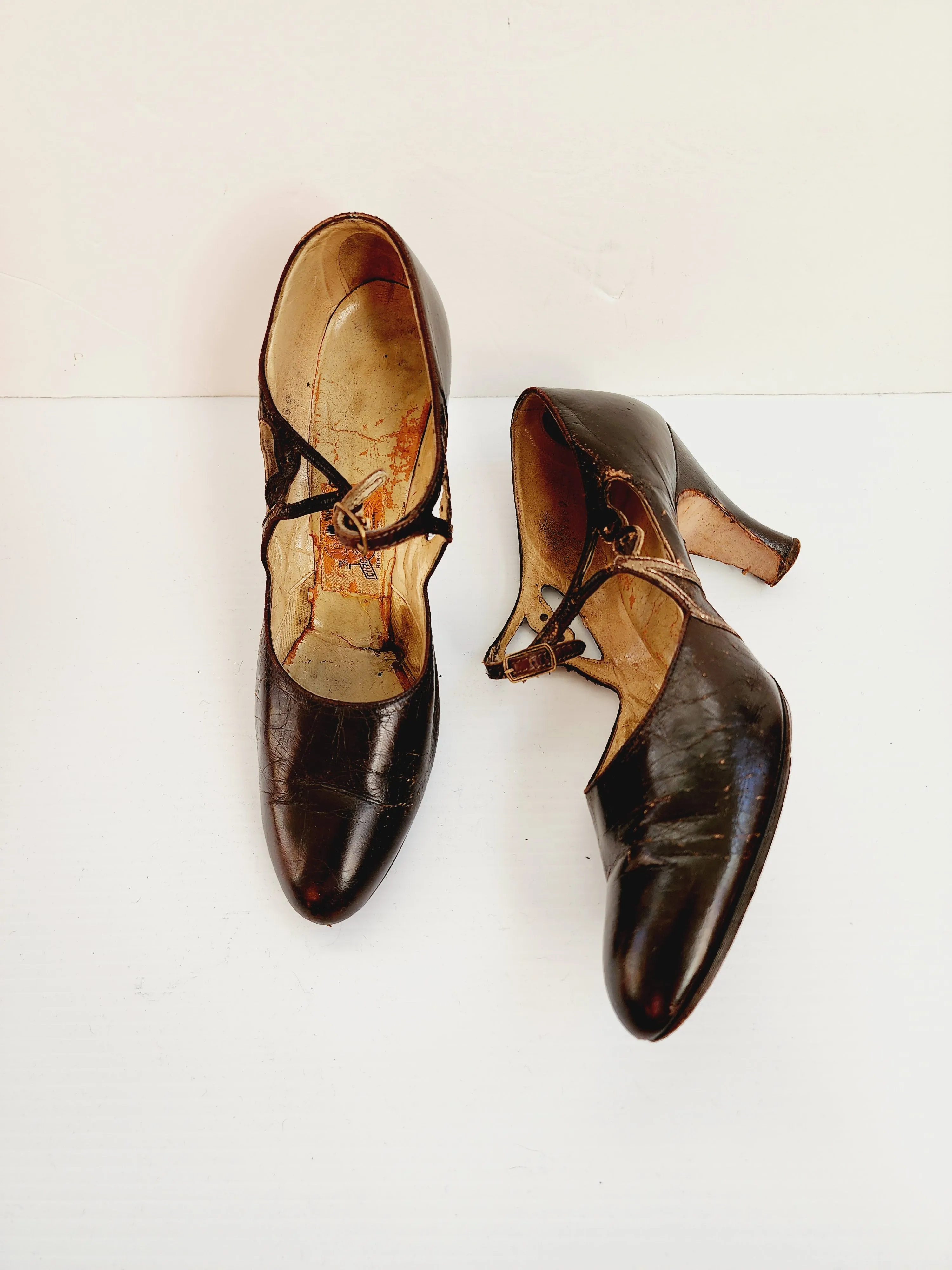 1920s Brown Leather Shoes Mary Janes High Heel Flapper Shoes