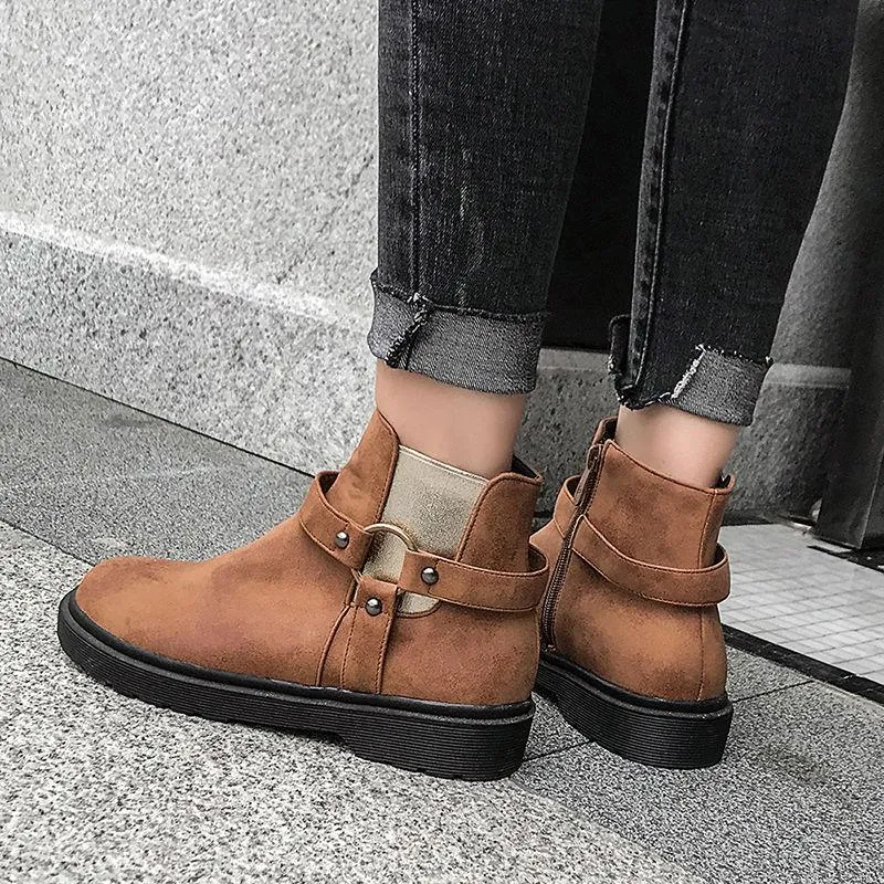 2019 British Style Chelsea Booties Female Rivets Round Head Thick Zipper Casual Martin Boots