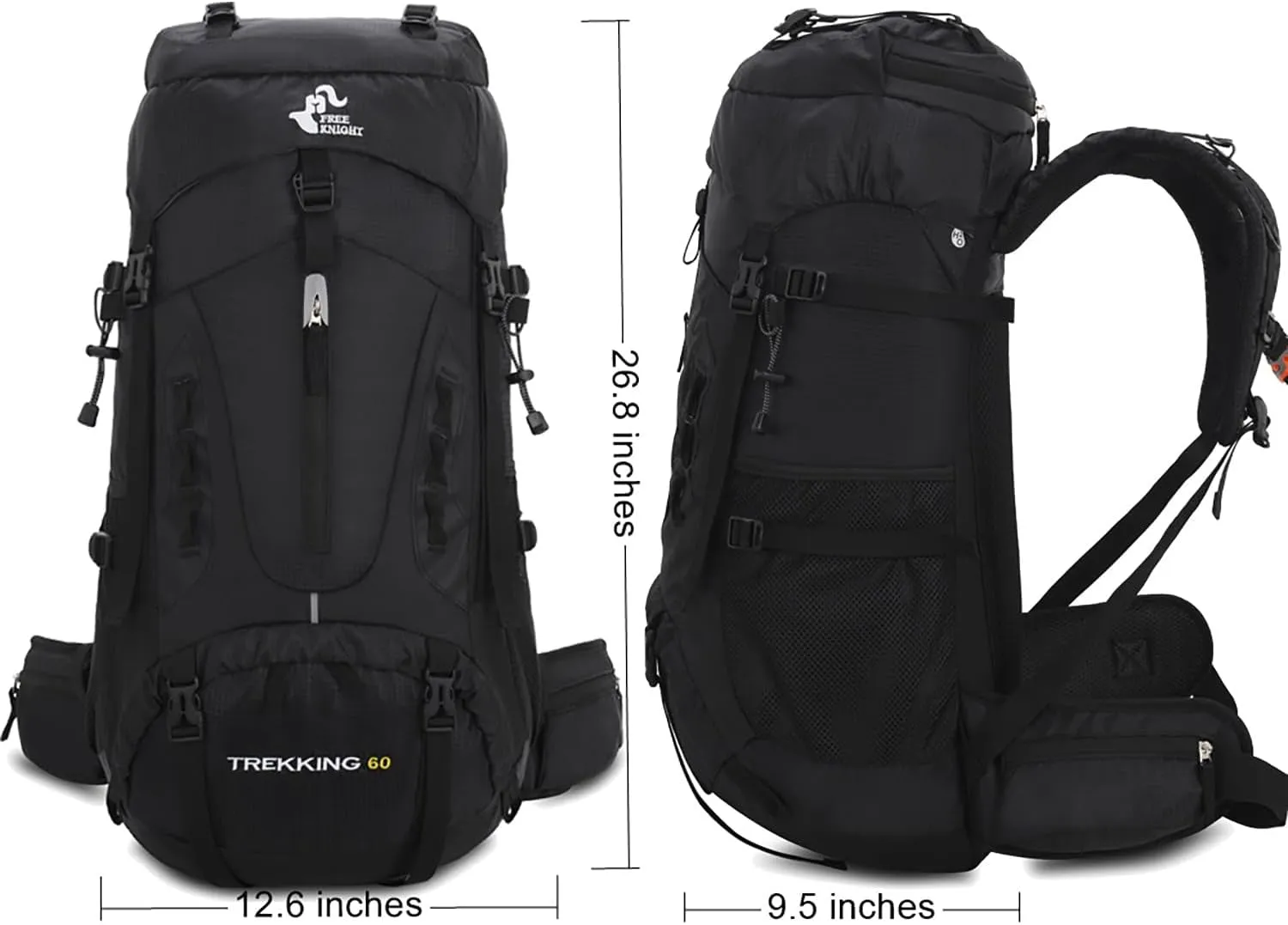 60L Hiking Camping Backpack with Rain Cover, Waterproof Large Capacity Outdoor Sport Travel Daypack Climbing Touring (Black)