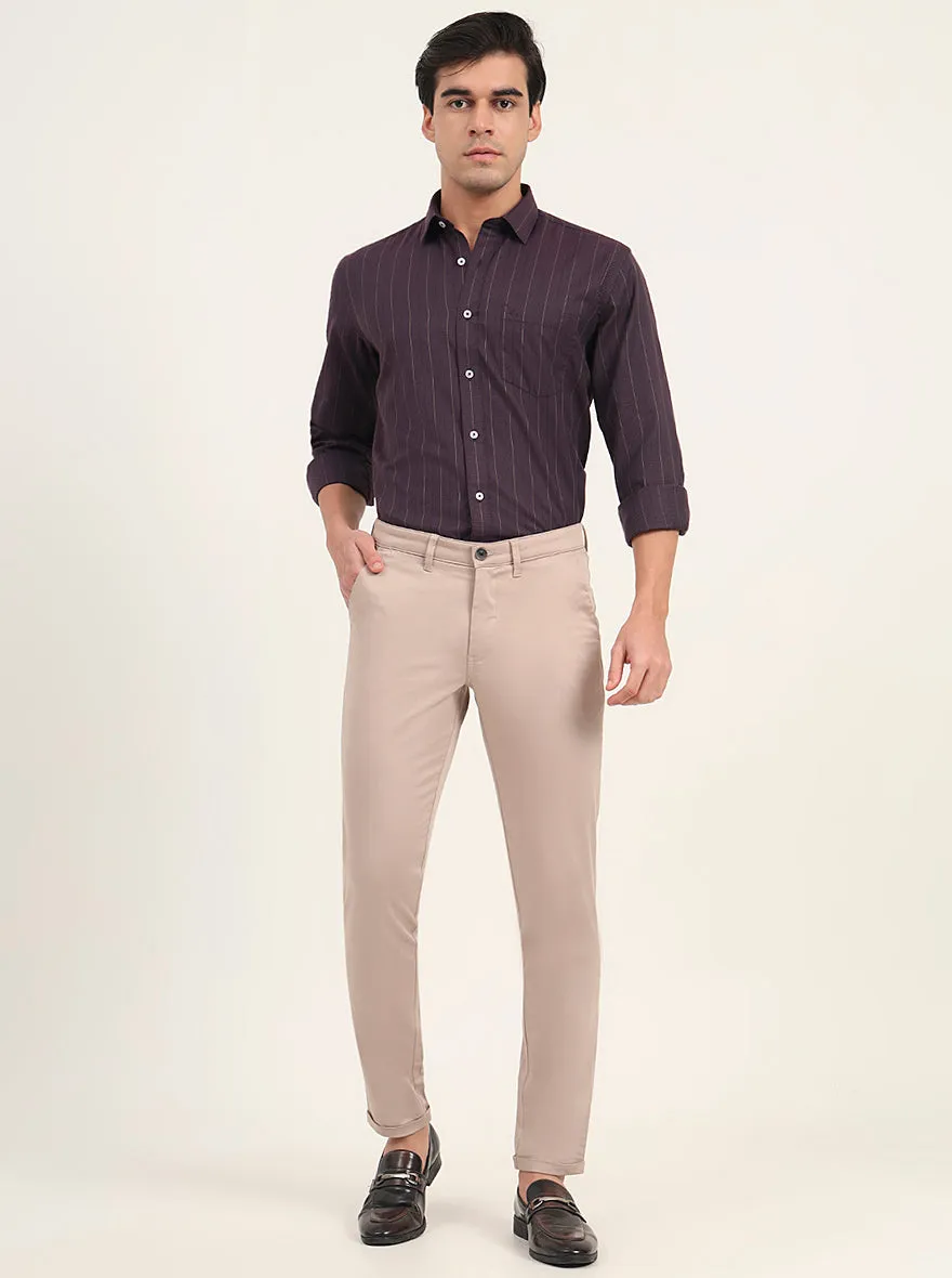 Beige Solid Neo Fit Casual Trouser | Greenfibre