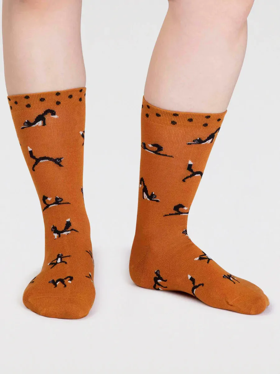 Chai Yoga Cat Bamboo Socks in Turmeric Yellow by Thought, Size 4-7