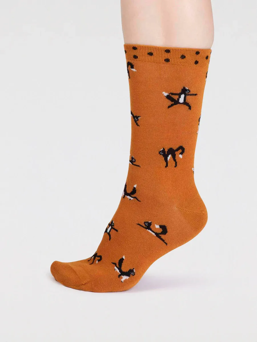 Chai Yoga Cat Bamboo Socks in Turmeric Yellow by Thought, Size 4-7