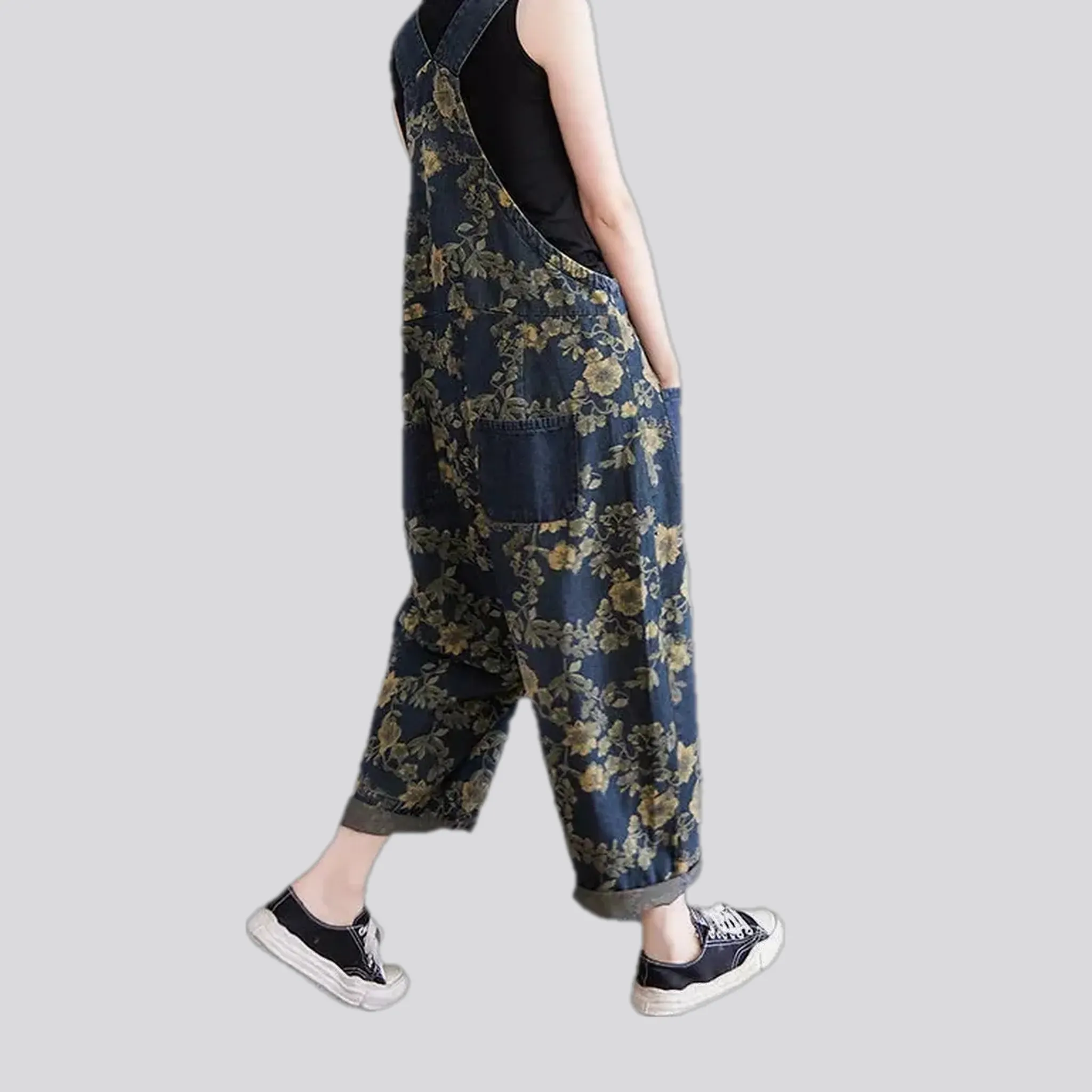 Chic boho floral baggy women's jeans overall