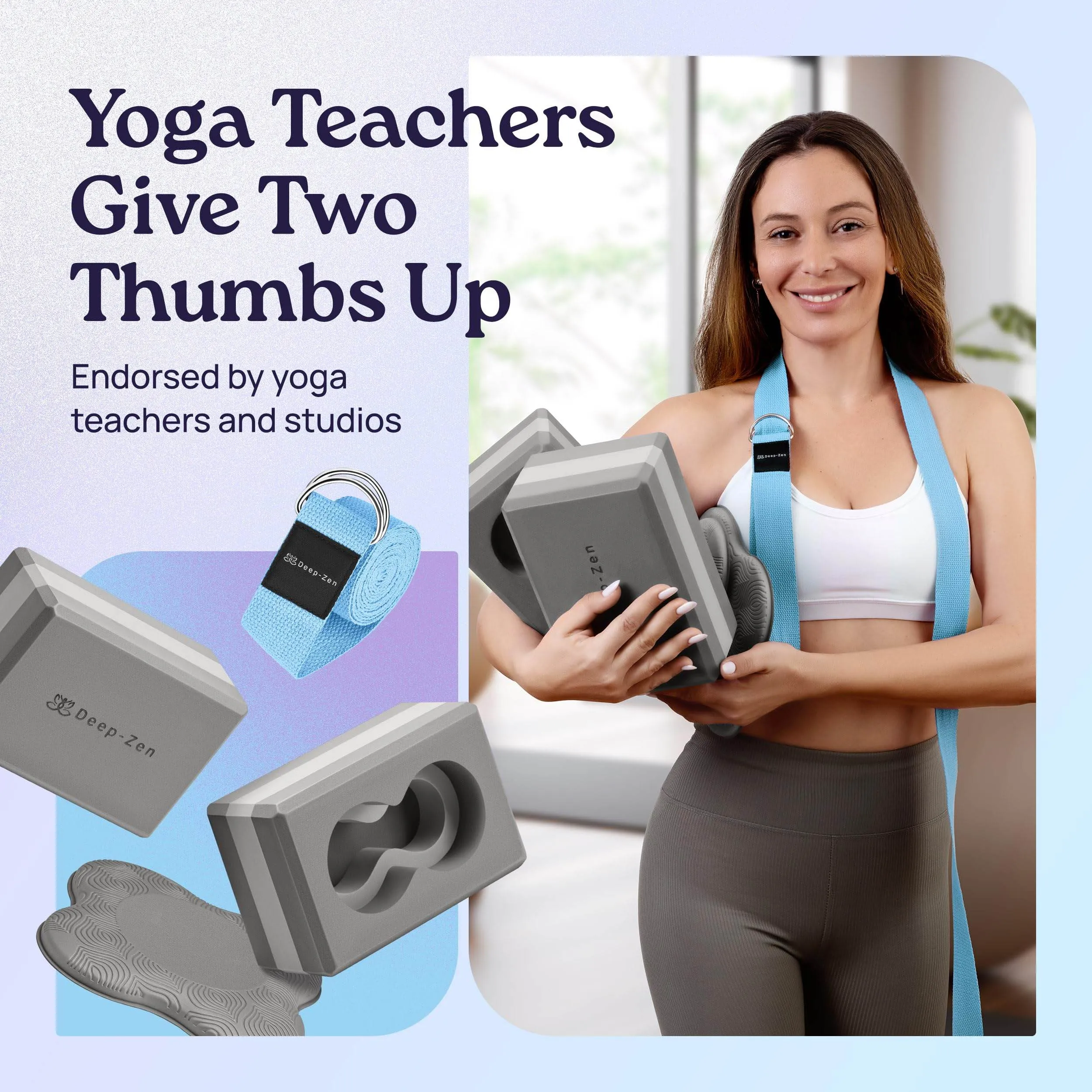 Deep-Zen® Yoga Blocks Wrist Support; Yoga Blocks 2 Pack w/Knee Pads; Yoga Blocks 2 Pack with Strap to Put Less Weight on Wrists; Durable, Versatile Yoga Brick Exercise Block Set, Blocks Yoga - Grey
