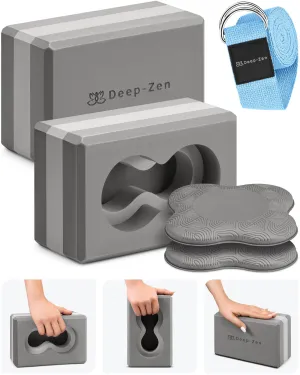 Deep-Zen® Yoga Blocks Wrist Support; Yoga Blocks 2 Pack w/Knee Pads; Yoga Blocks 2 Pack with Strap to Put Less Weight on Wrists; Durable, Versatile Yoga Brick Exercise Block Set, Blocks Yoga - Grey