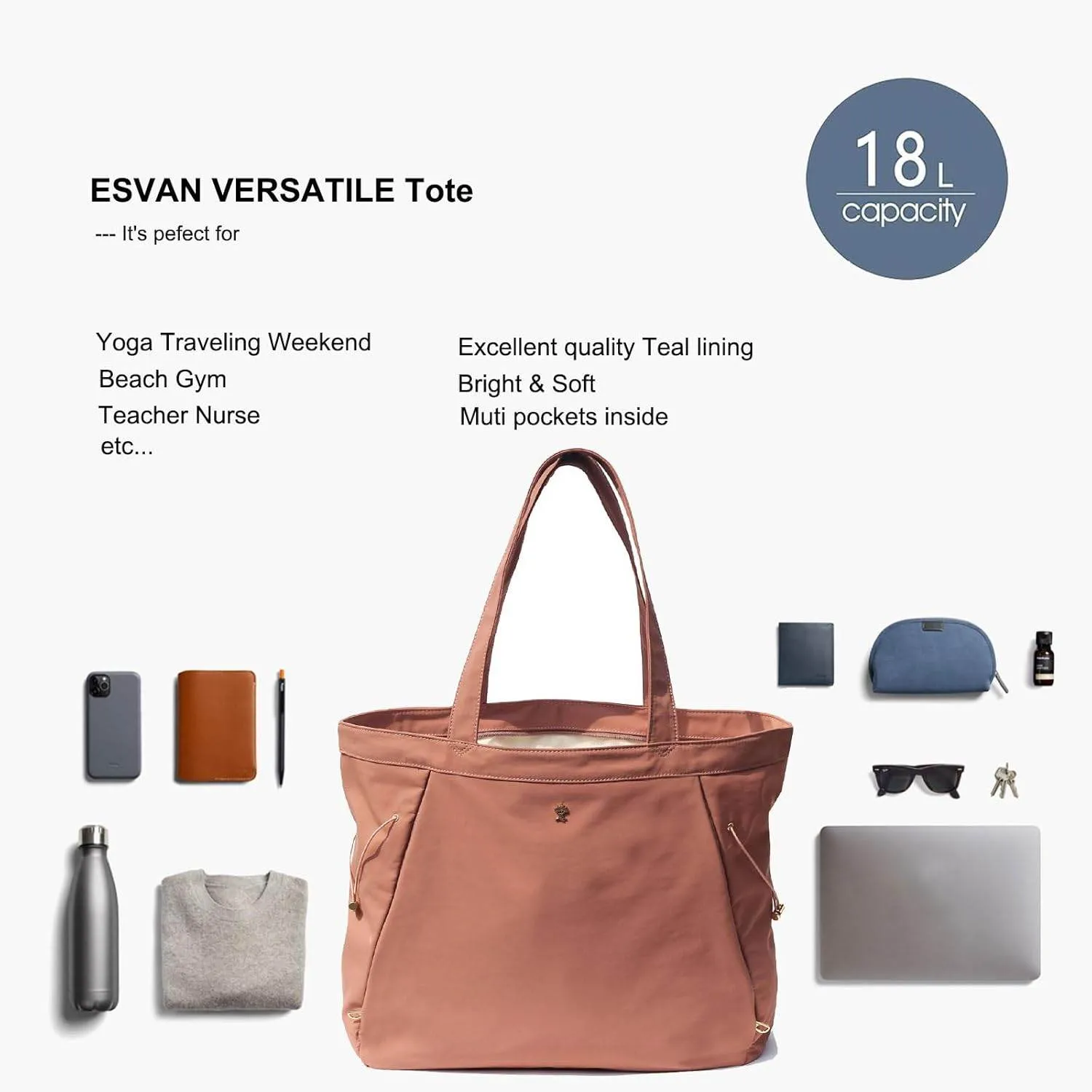 ESVAN Yoga Tote Bag for Women Shoulder Bags Drawstring for Office Workout Travel Carryall Pilates Gym and Beach