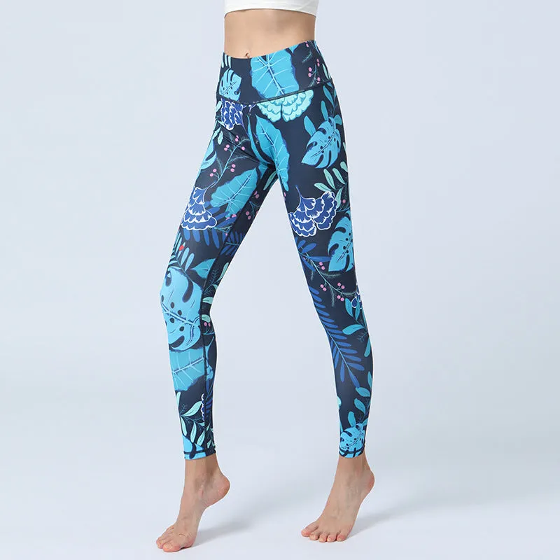 Fashion Leaves Printed Yoga Pants trendy Women's High Waist Hip Lifting Sports Fitness Leggings