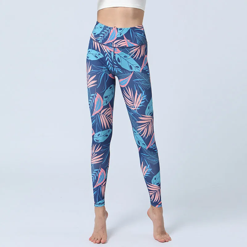 Fashion Leaves Printed Yoga Pants trendy Women's High Waist Hip Lifting Sports Fitness Leggings
