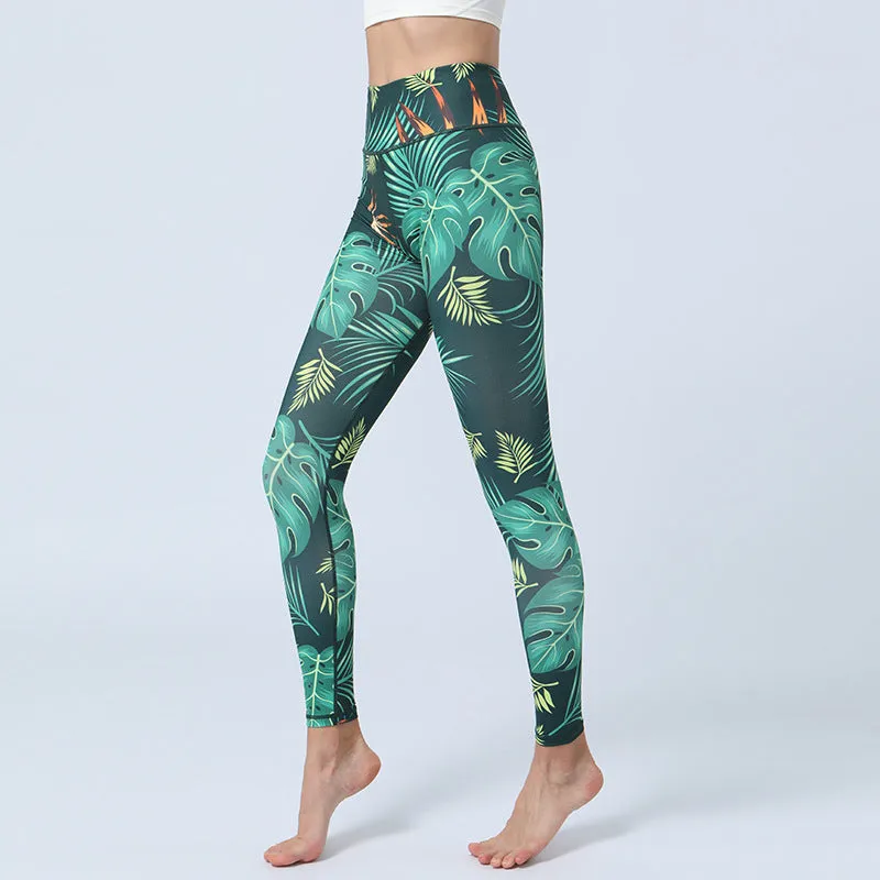 Fashion Leaves Printed Yoga Pants trendy Women's High Waist Hip Lifting Sports Fitness Leggings