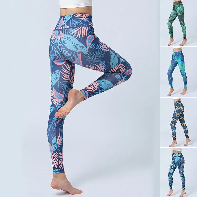 Fashion Leaves Printed Yoga Pants trendy Women's High Waist Hip Lifting Sports Fitness Leggings