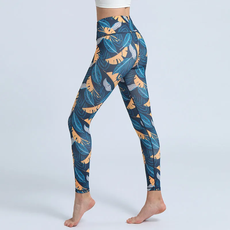 Fashion Leaves Printed Yoga Pants trendy Women's High Waist Hip Lifting Sports Fitness Leggings