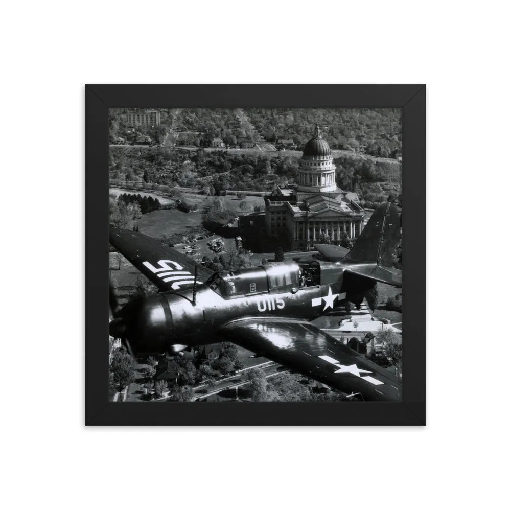 Framed poster - Military fighter flies over capital in 1945.