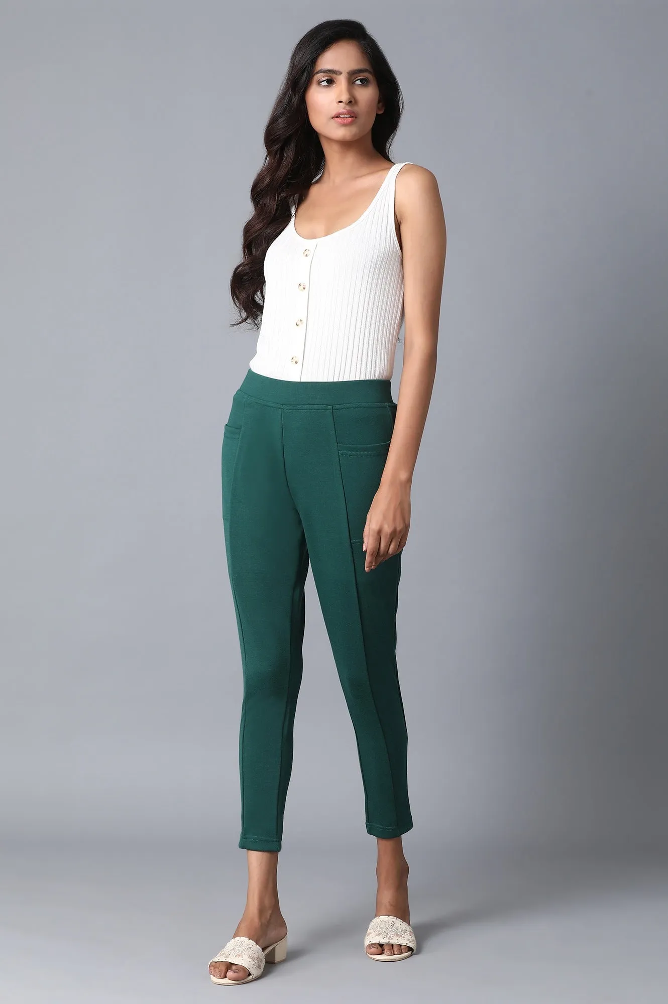 Green Solid Yoga Tights