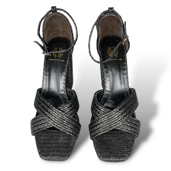 House of Harlow Revolve Cava Woven Raffia Black Ankle Strap Heel Sandal 10