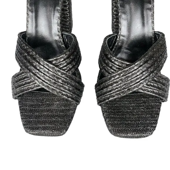 House of Harlow Revolve Cava Woven Raffia Black Ankle Strap Heel Sandal 10