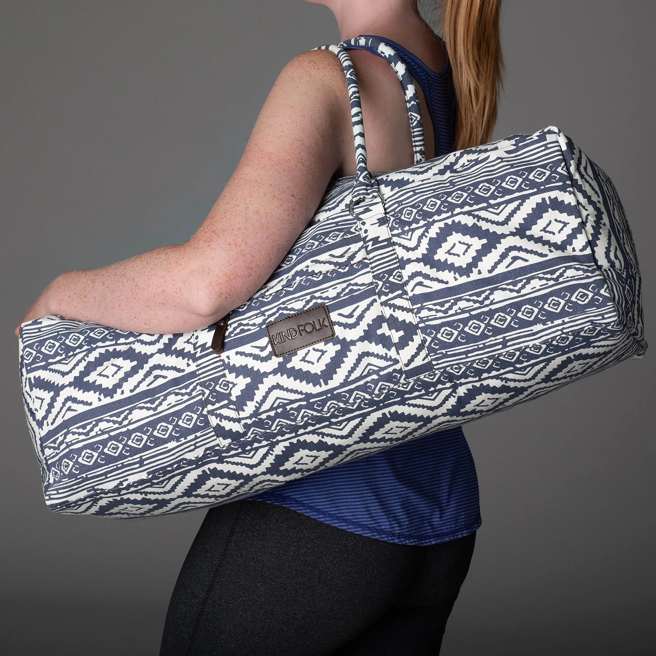 Kindfolk Yoga Mat XL Duffel Bag Extra Large Patterned Canvas with Pocket and Zipper (Mesa)