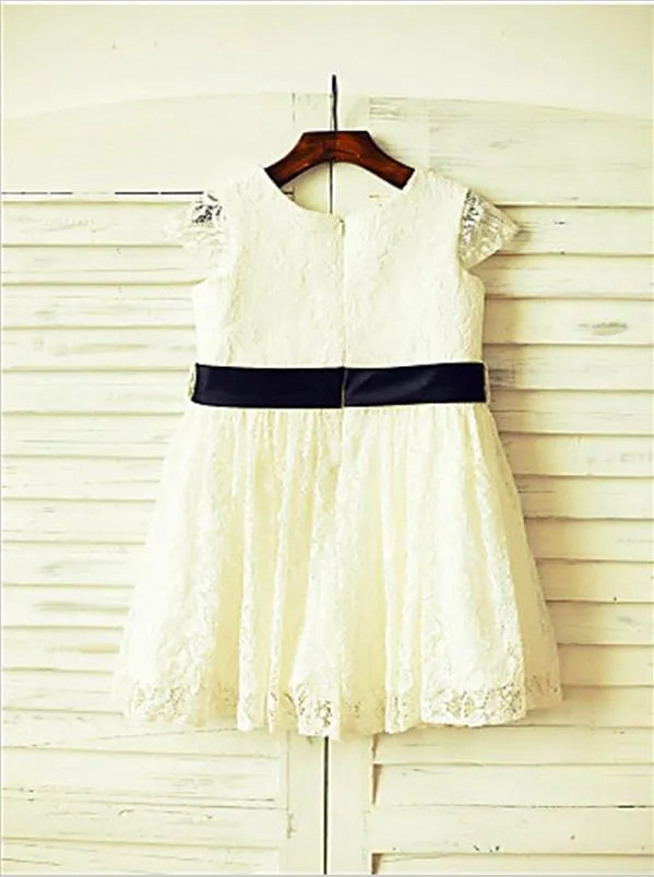 Lace Princess Scoop Short Sleeves Flower Girl Dresses Tea Length Dress Hand-made Flower