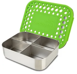 LunchBots Medium Quad Snack Container - Divided Stainless Steel Food Container - Four Sections for Finger Foods On the Go - Eco-Friendly, Dishwasher Safe - Stainless Lid - Green Dots