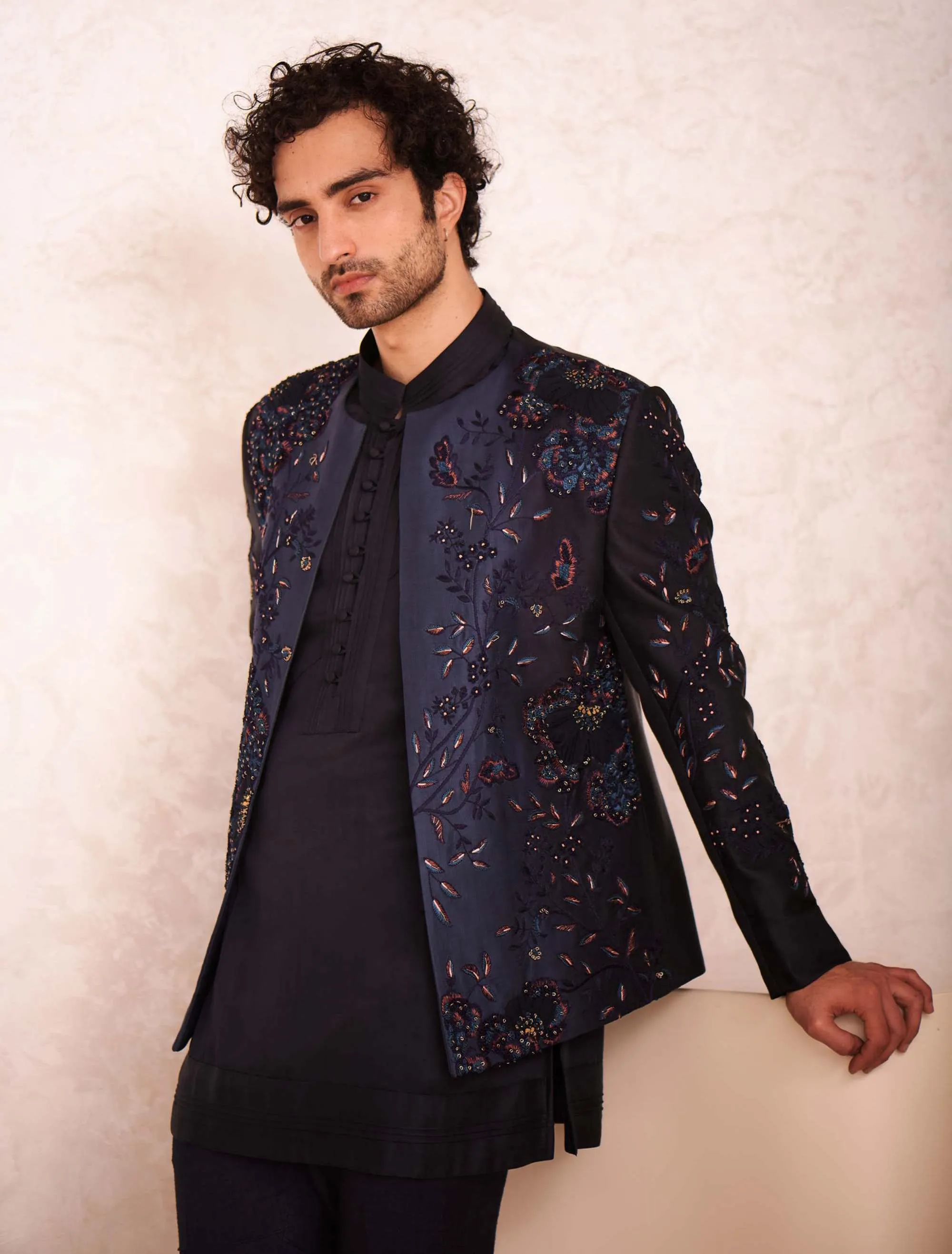 Midnight Blue Short Jacket With Kurta And Trouser