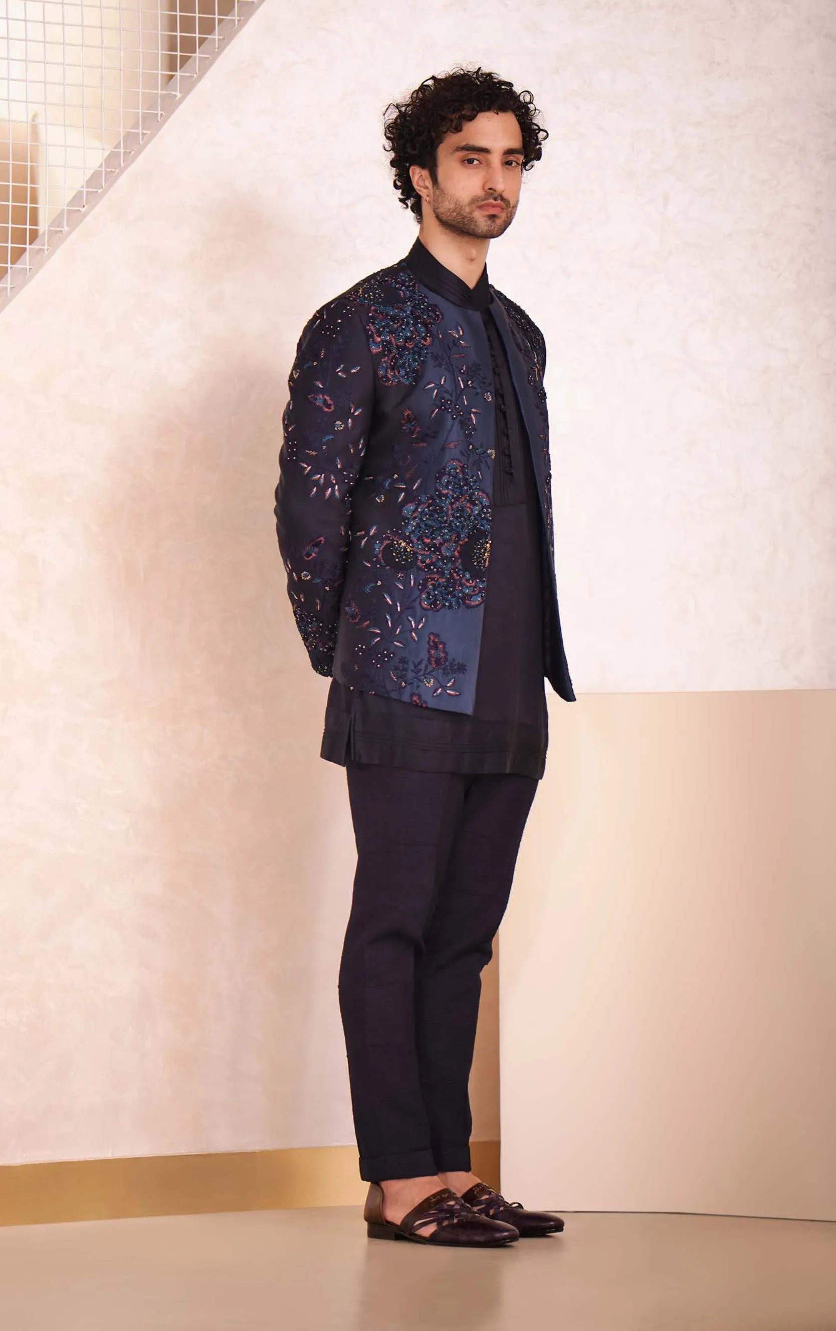 Midnight Blue Short Jacket With Kurta And Trouser