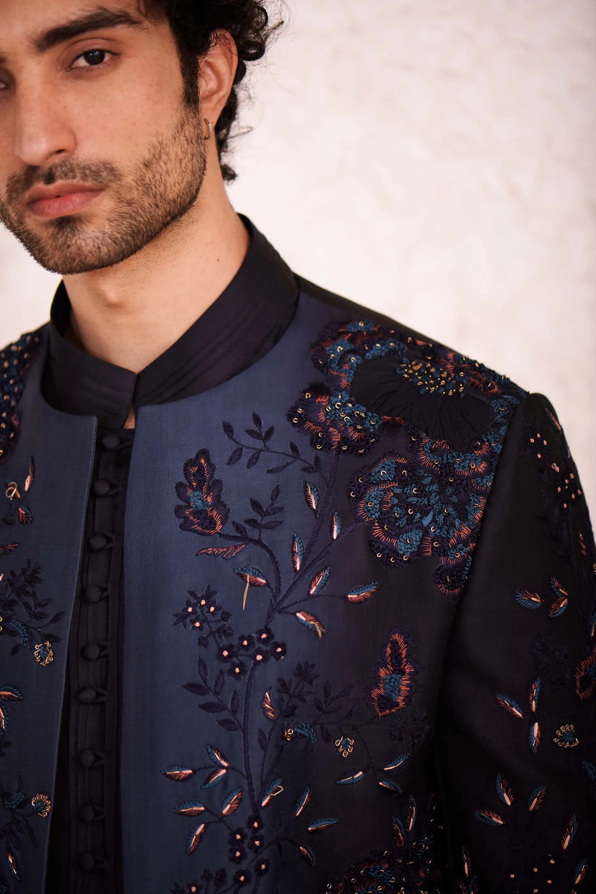Midnight Blue Short Jacket With Kurta And Trouser