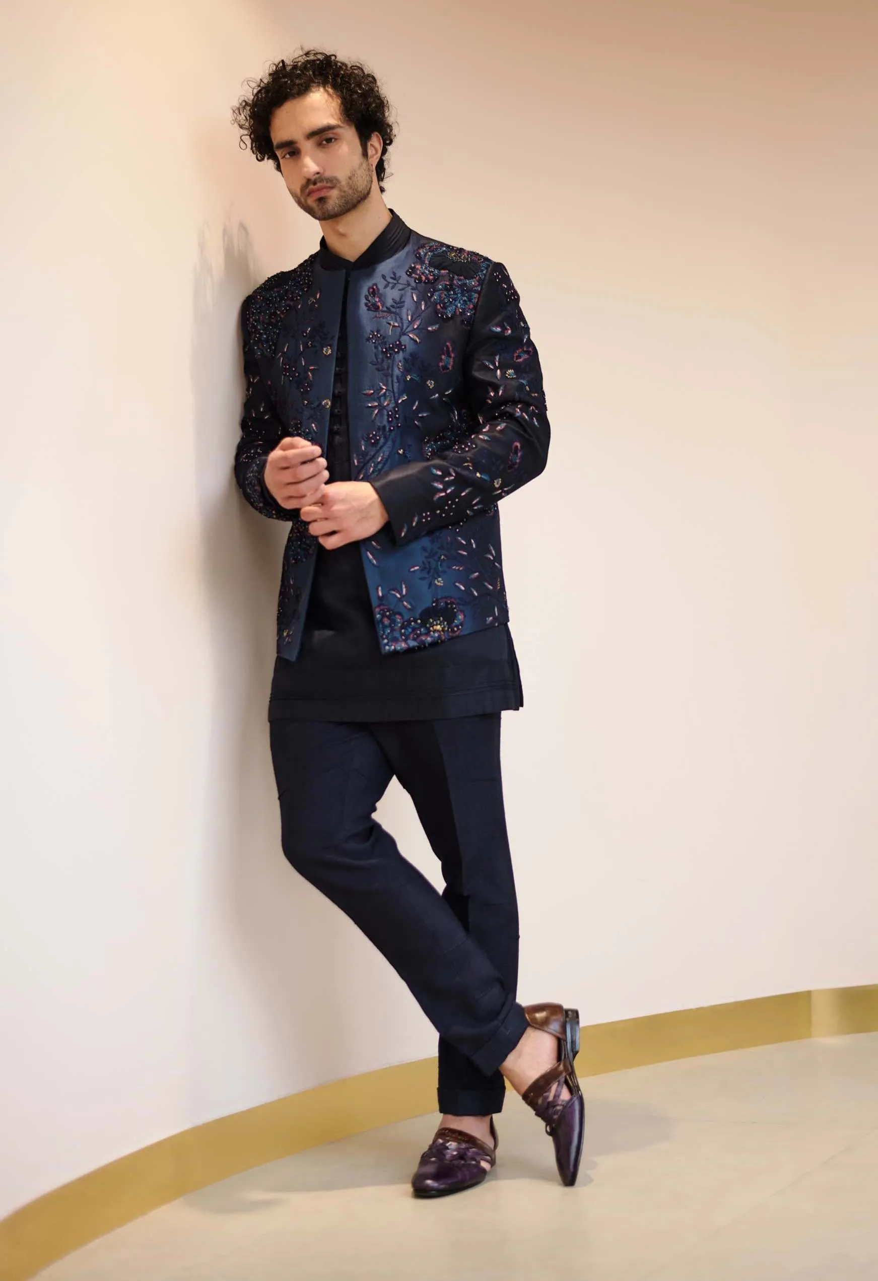 Midnight Blue Short Jacket With Kurta And Trouser
