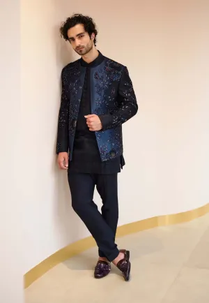 Midnight Blue Short Jacket With Kurta And Trouser