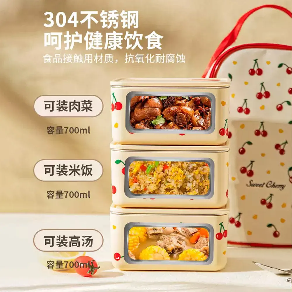 Modern Sweet Home 304 Stainless Steel Insulated Lunch Box - Cherry White 700ml, Microwaveable