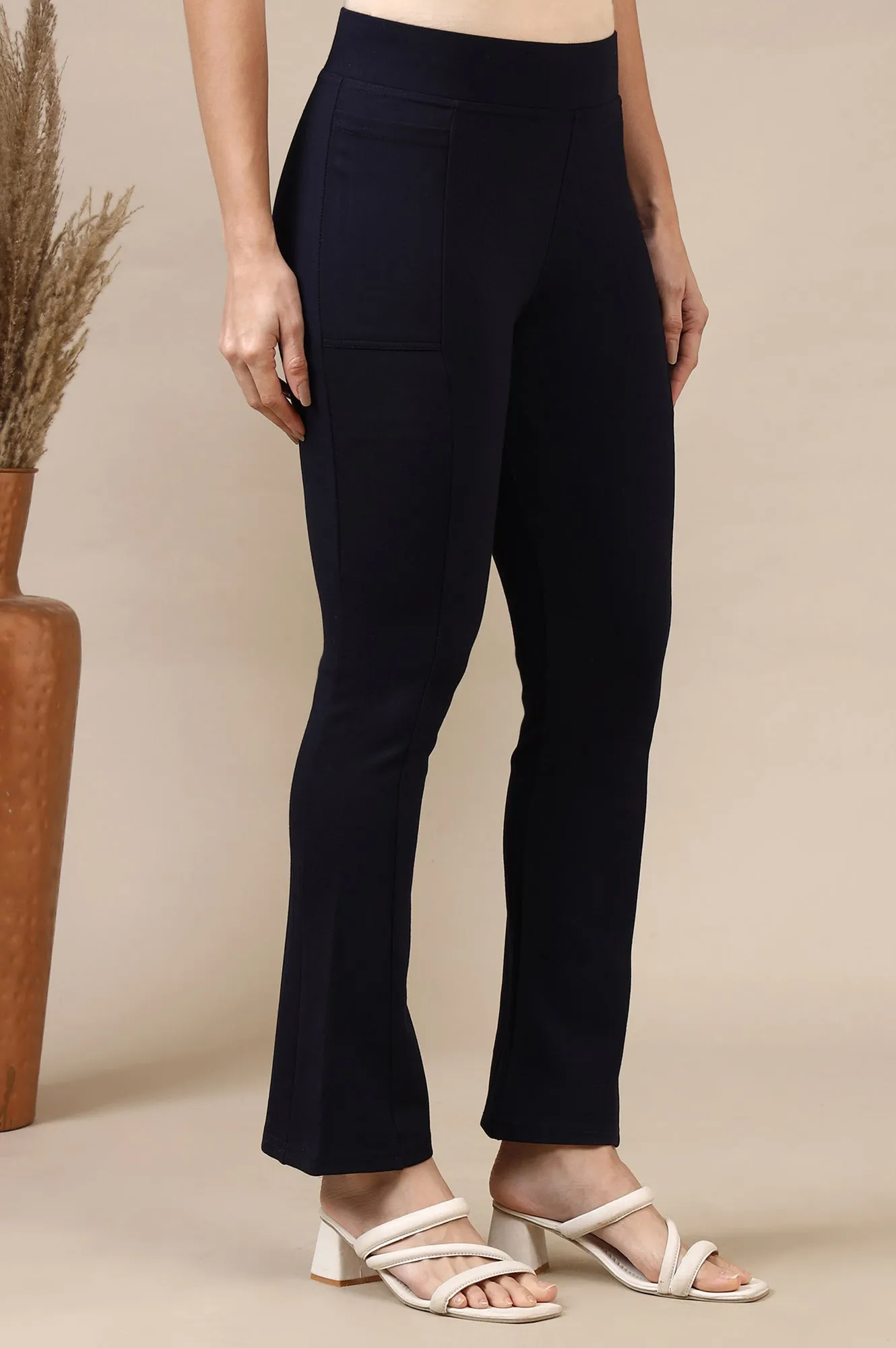 Navy Blue Flared Ankle Length Yoga Tights