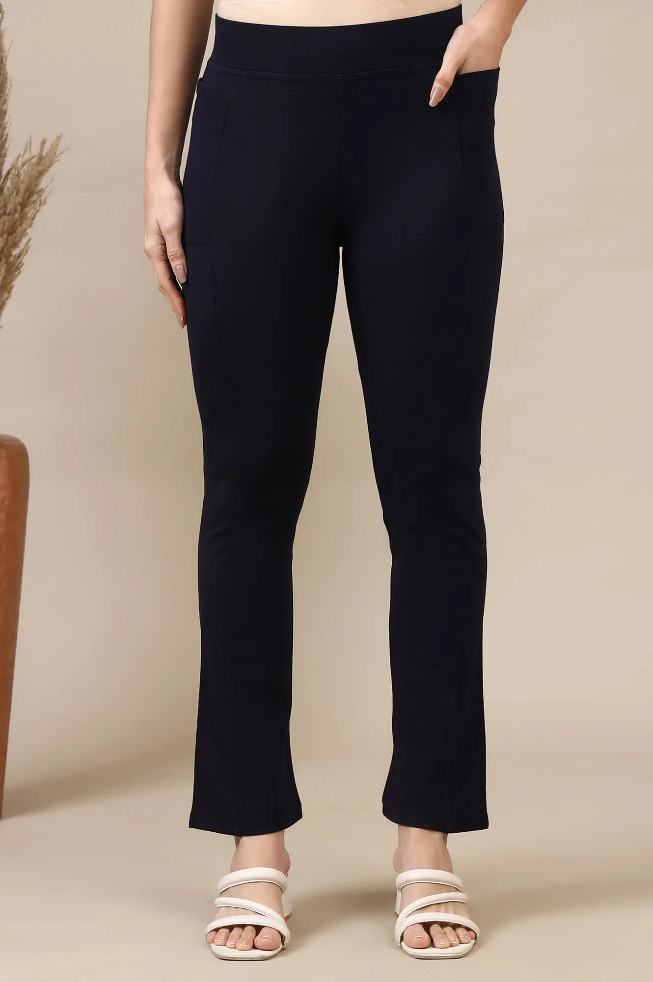Navy Blue Flared Ankle Length Yoga Tights