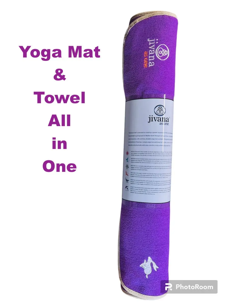 New Jivana As One Yoga Mat & Towel All in One Purple 28" x 71", Microfibre, non slip bottom, Retails $150 
