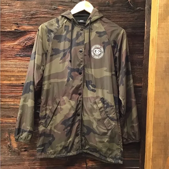 Obey Womens Camouflage Hooded Jacket Size XS Softshell Nylon Windbreaker Zip Up