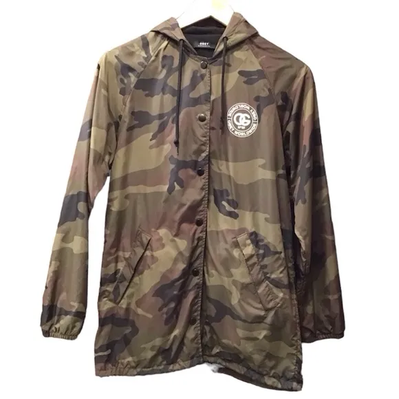 Obey Womens Camouflage Hooded Jacket Size XS Softshell Nylon Windbreaker Zip Up