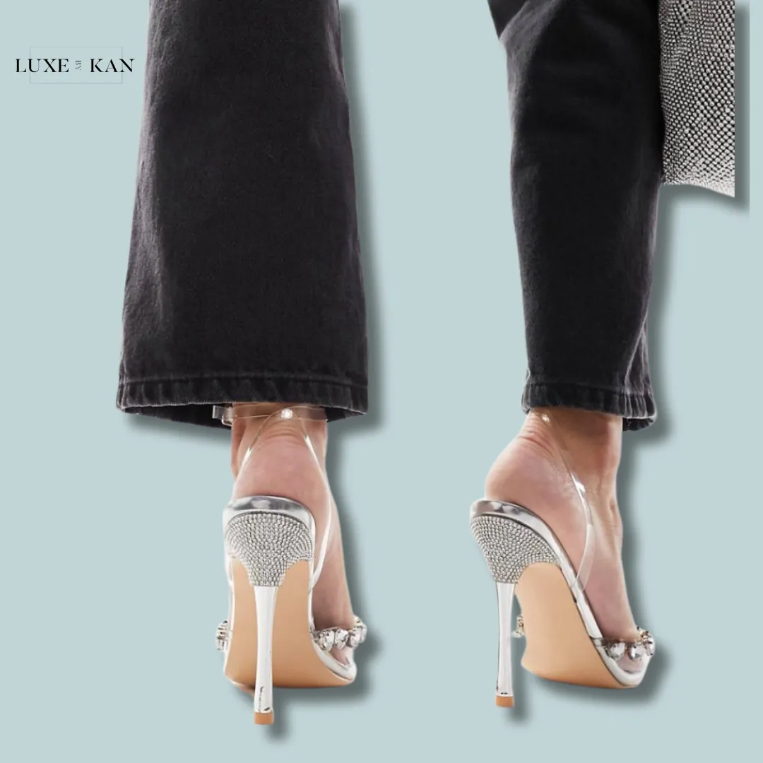Public Desire Exclusive Esmee heart embellished heeled shoes in silver