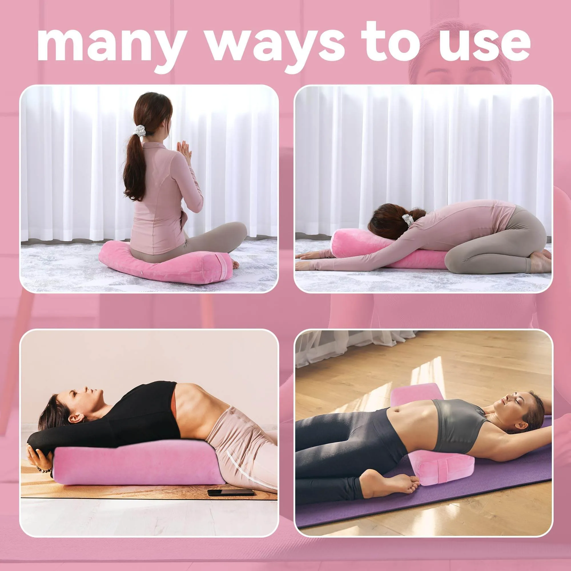 ROYALAY 2 Pcs Yoga Bolster Pillow for Restorative Yoga, Rectangular and Cylinder Meditation Pillow set with Carrying Handles, Supportive Cushion for Exercise Workout Stretching Meditation,Pink