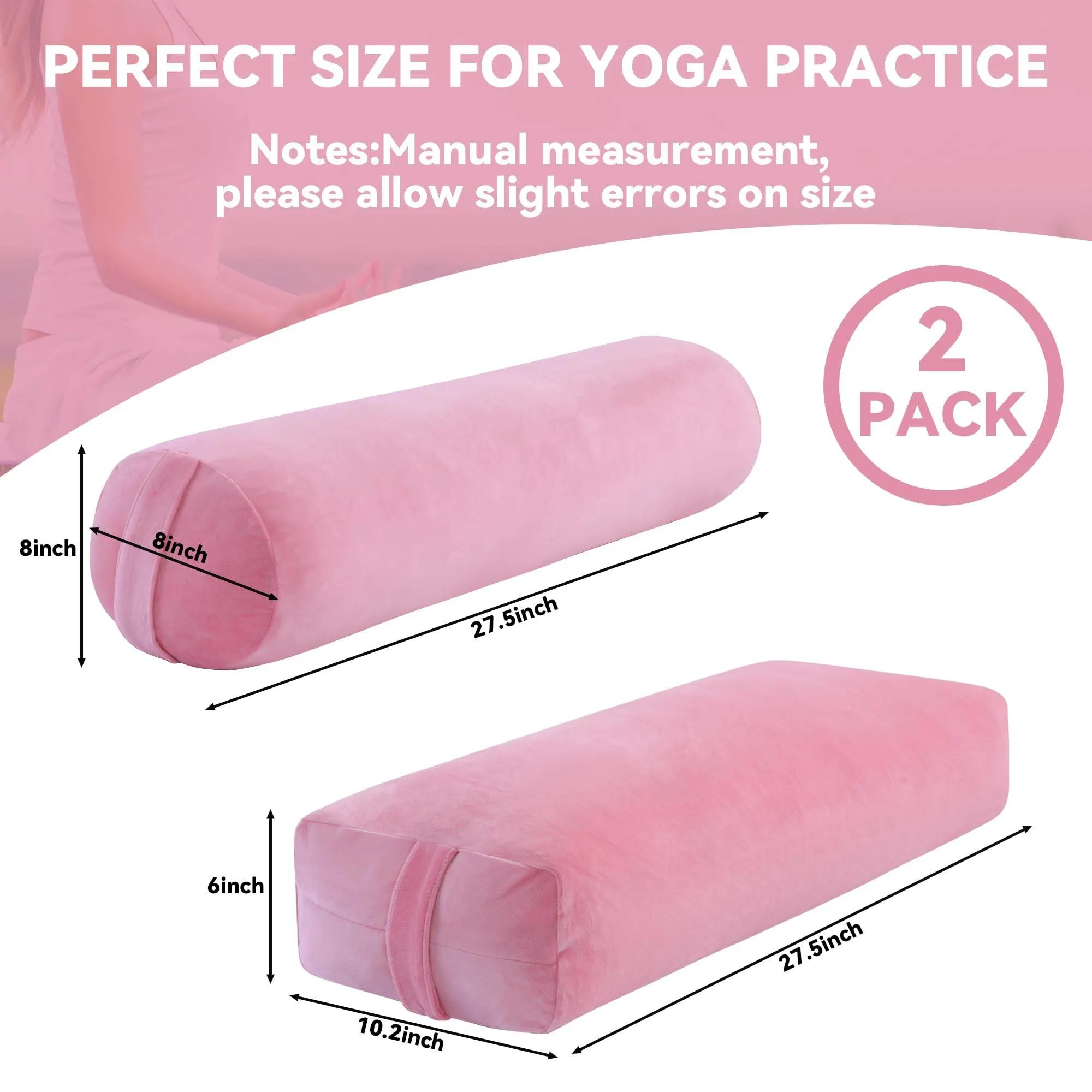 ROYALAY 2 Pcs Yoga Bolster Pillow for Restorative Yoga, Rectangular and Cylinder Meditation Pillow set with Carrying Handles, Supportive Cushion for Exercise Workout Stretching Meditation,Pink