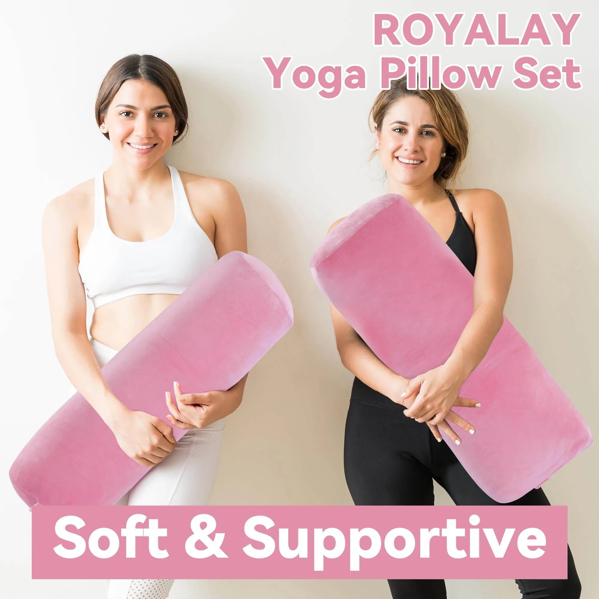 ROYALAY 2 Pcs Yoga Bolster Pillow for Restorative Yoga, Rectangular and Cylinder Meditation Pillow set with Carrying Handles, Supportive Cushion for Exercise Workout Stretching Meditation,Pink