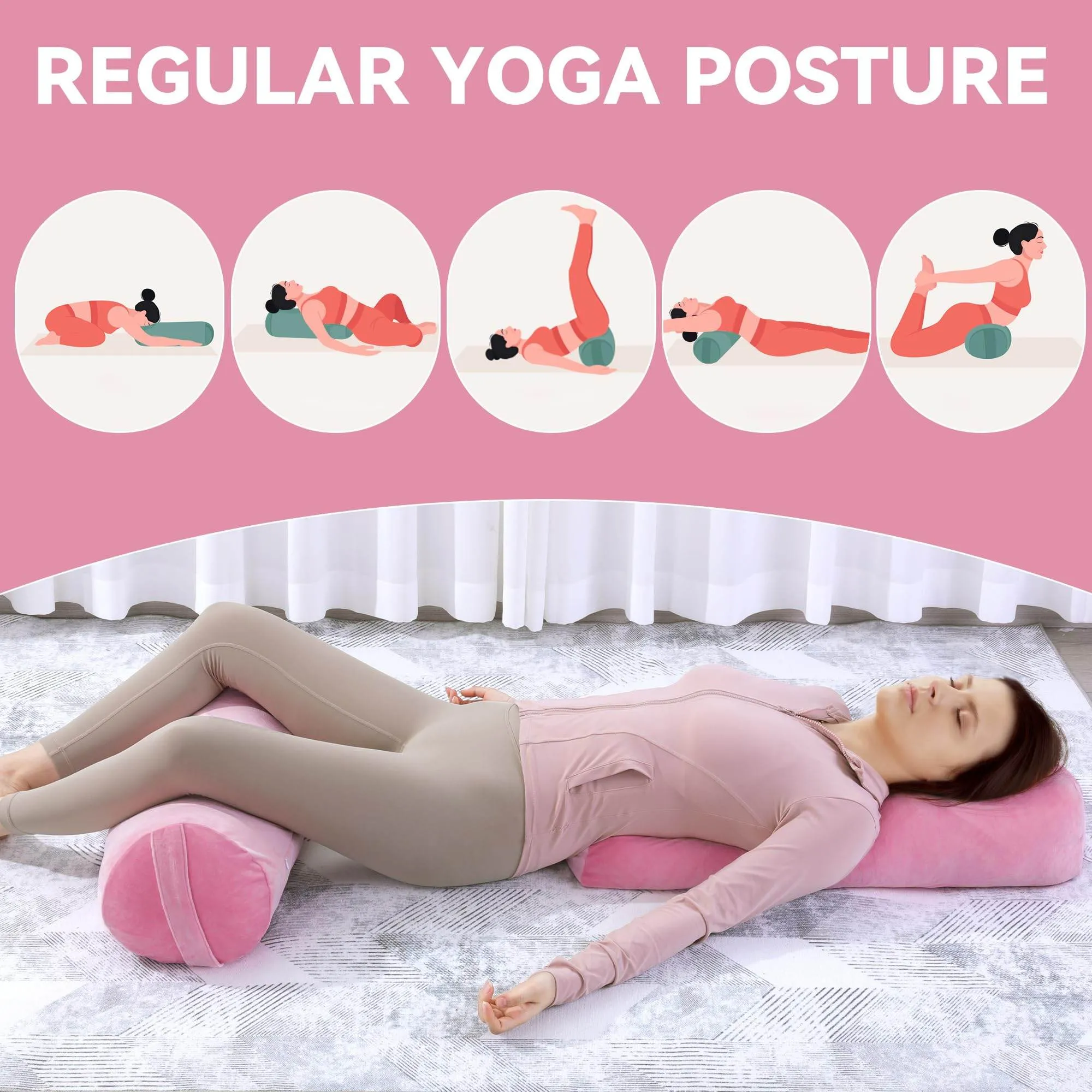 ROYALAY 2 Pcs Yoga Bolster Pillow for Restorative Yoga, Rectangular and Cylinder Meditation Pillow set with Carrying Handles, Supportive Cushion for Exercise Workout Stretching Meditation,Pink