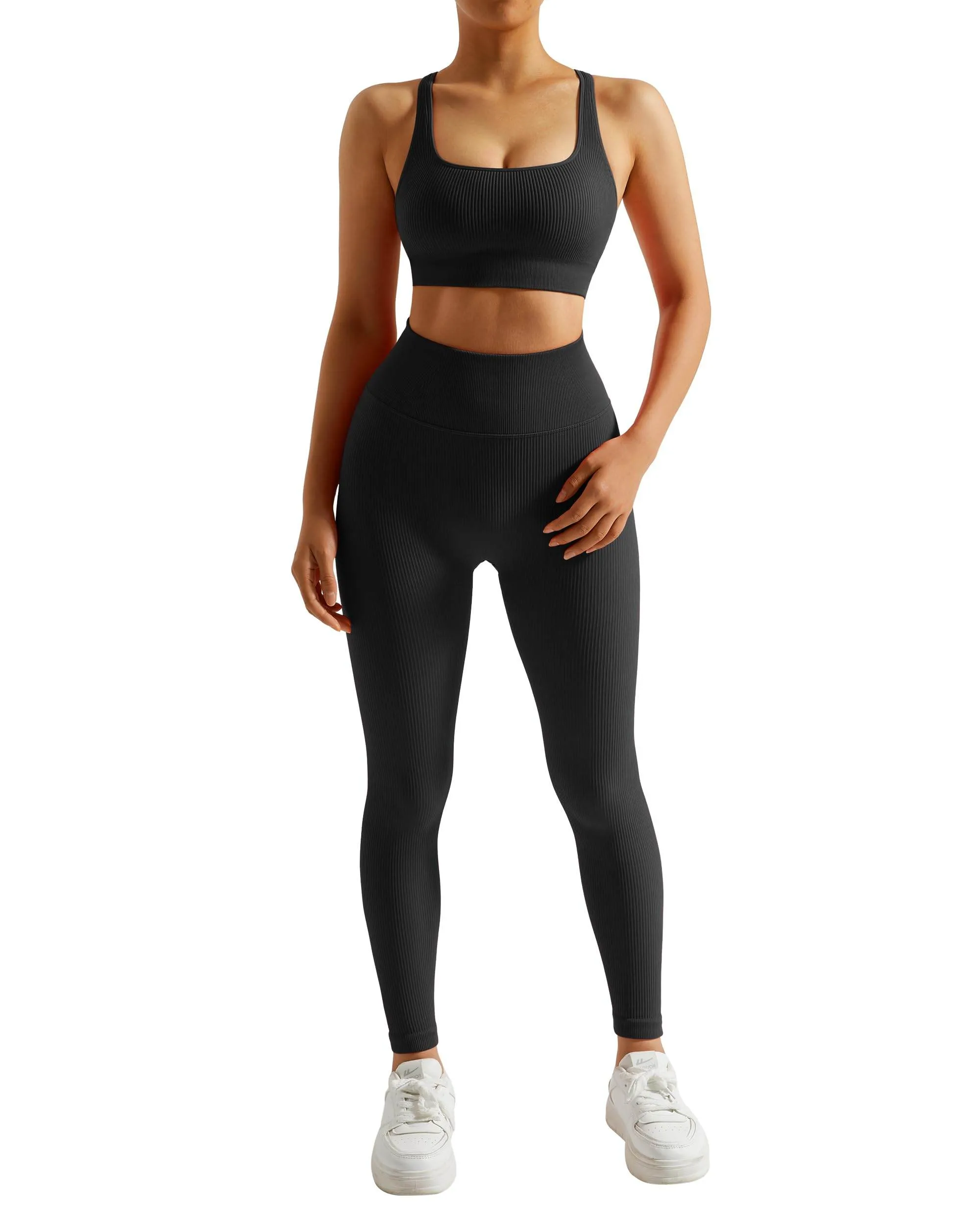 RXRXCOCO Ribbed Workout Sets for Women 2 Piece Backless Strappy Sports Bra Seamless Leggings Matching Set Yoga Outfits Black Medium