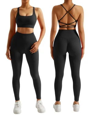 RXRXCOCO Ribbed Workout Sets for Women 2 Piece Backless Strappy Sports Bra Seamless Leggings Matching Set Yoga Outfits Black Medium