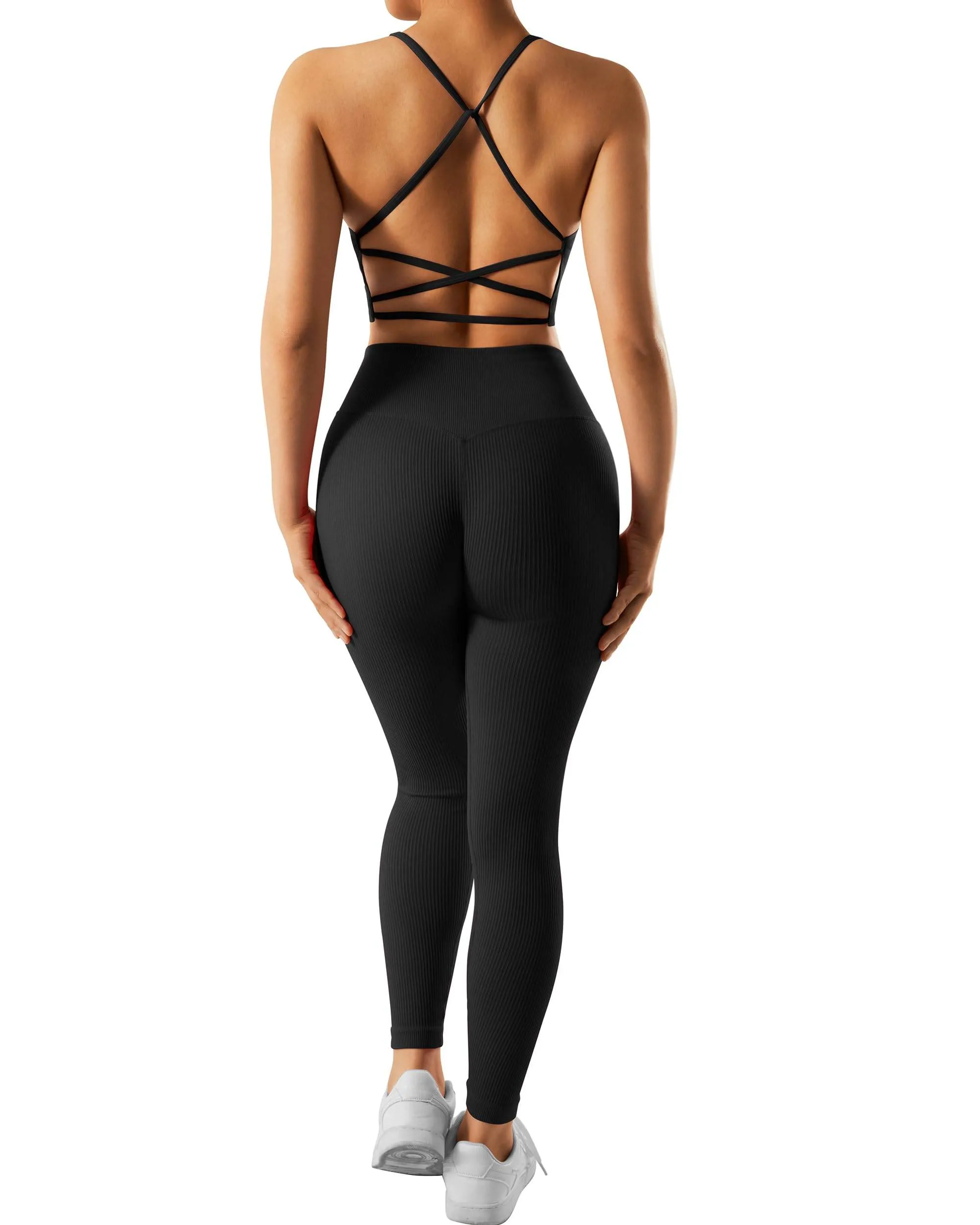 RXRXCOCO Ribbed Workout Sets for Women 2 Piece Backless Strappy Sports Bra Seamless Leggings Matching Set Yoga Outfits Black Medium