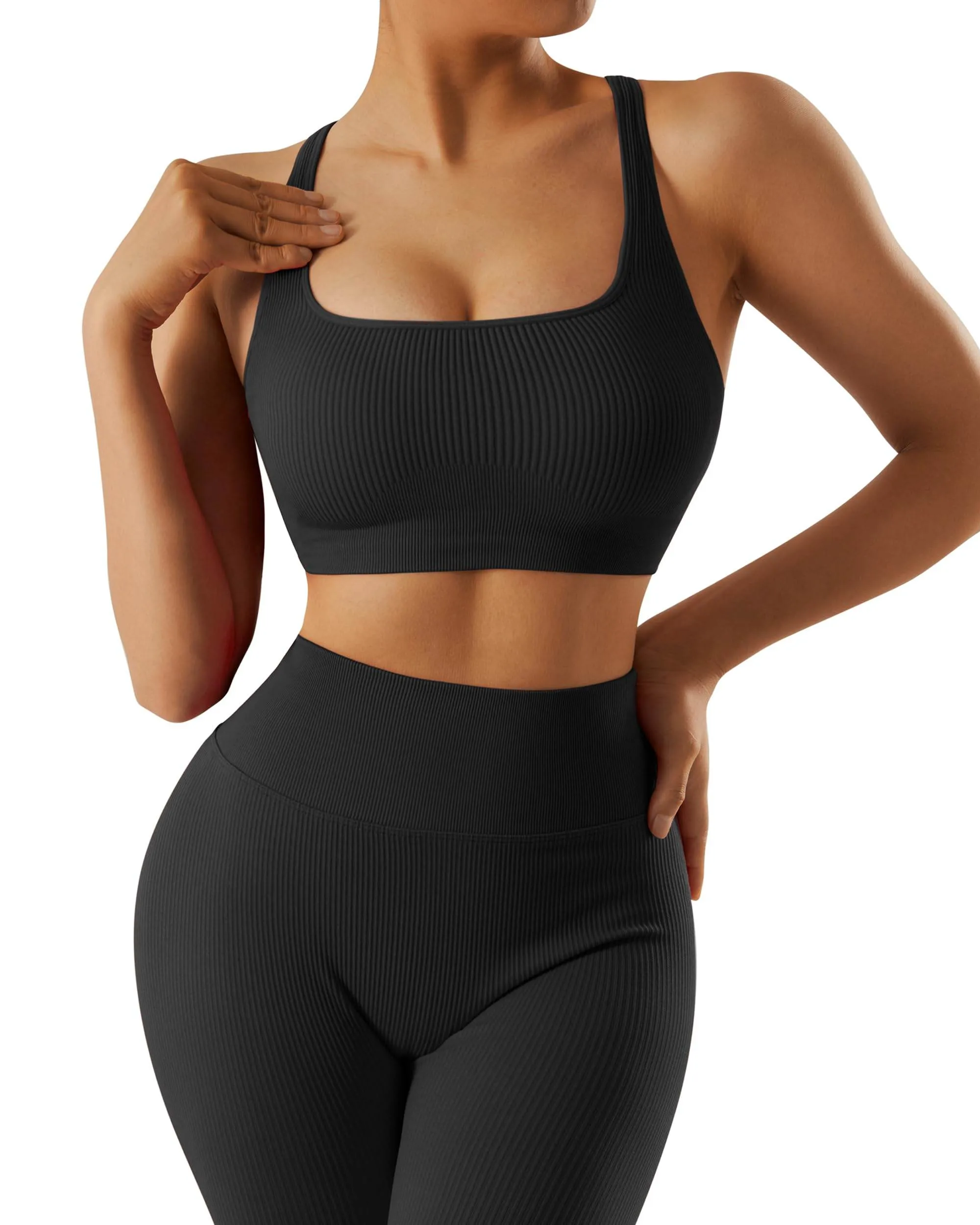 RXRXCOCO Ribbed Workout Sets for Women 2 Piece Backless Strappy Sports Bra Seamless Leggings Matching Set Yoga Outfits Black Medium