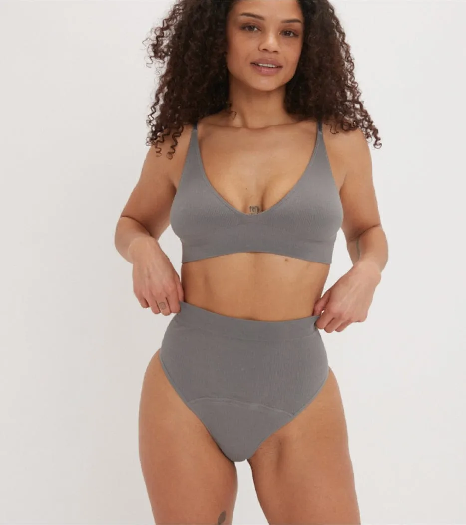 Seamless Ribbed High-Waist Thong - Graphite