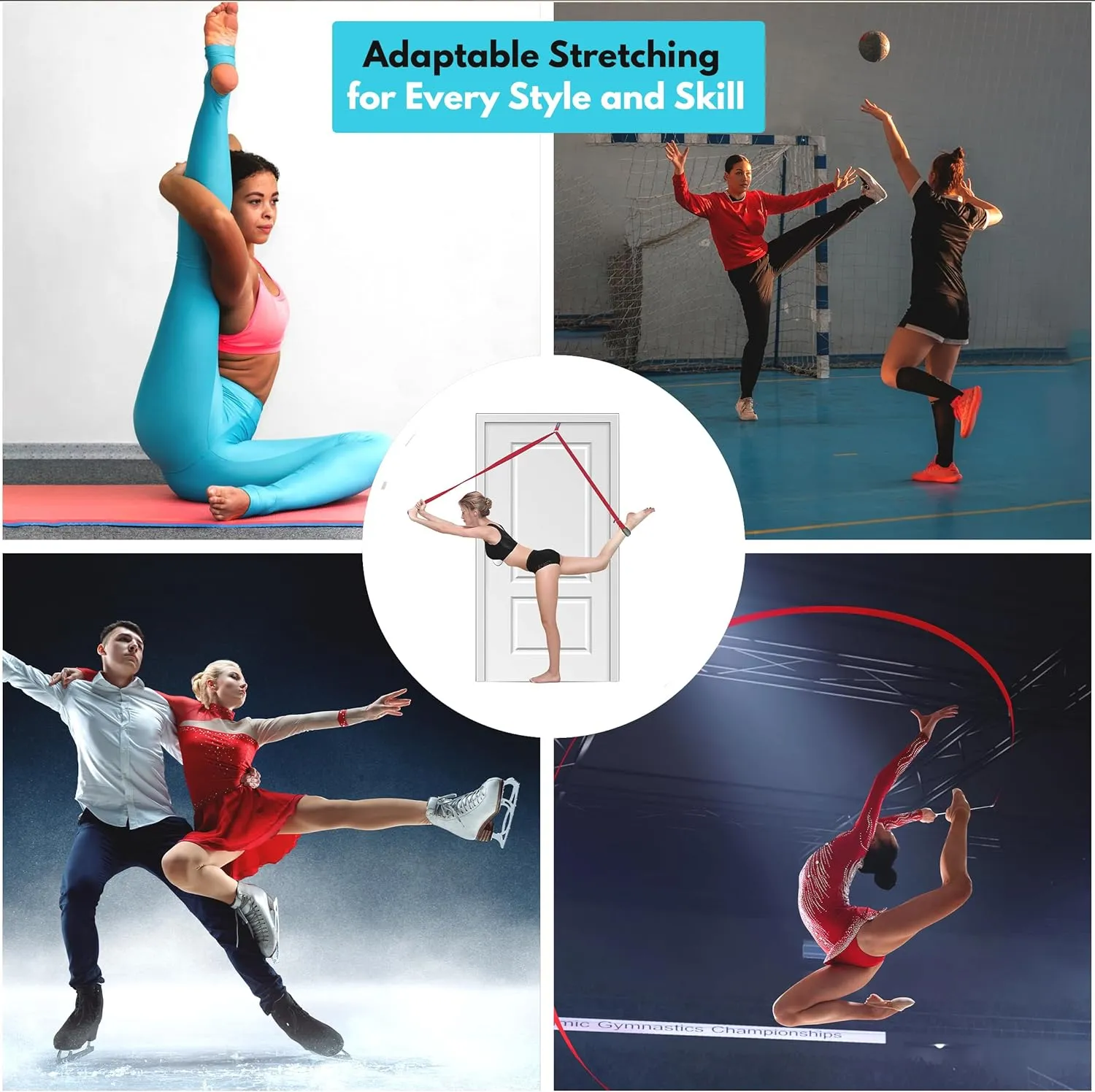 Stretching Strap with Door Anchor – Adjustable Loops and Metal Buckles, Comfortable Foam Pads