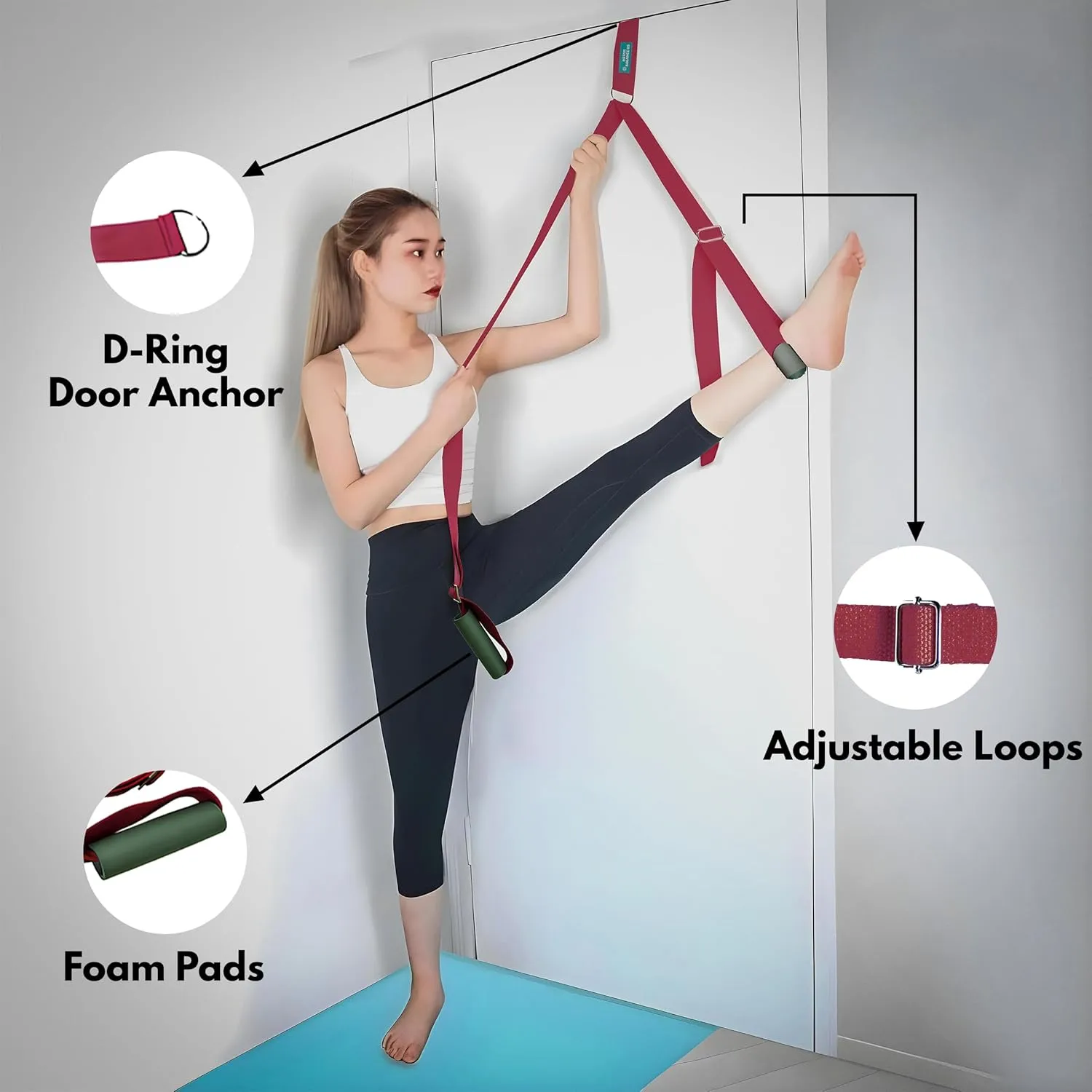Stretching Strap with Door Anchor – Adjustable Loops and Metal Buckles, Comfortable Foam Pads