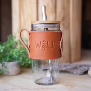 Tan Travel Mug Bamboo lid with Boba Straw